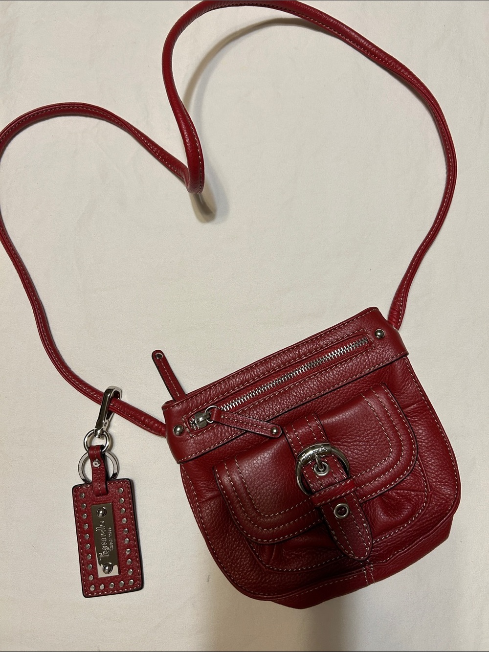 Tignanello Red Leather Crossbody with Front Buckle Pocket